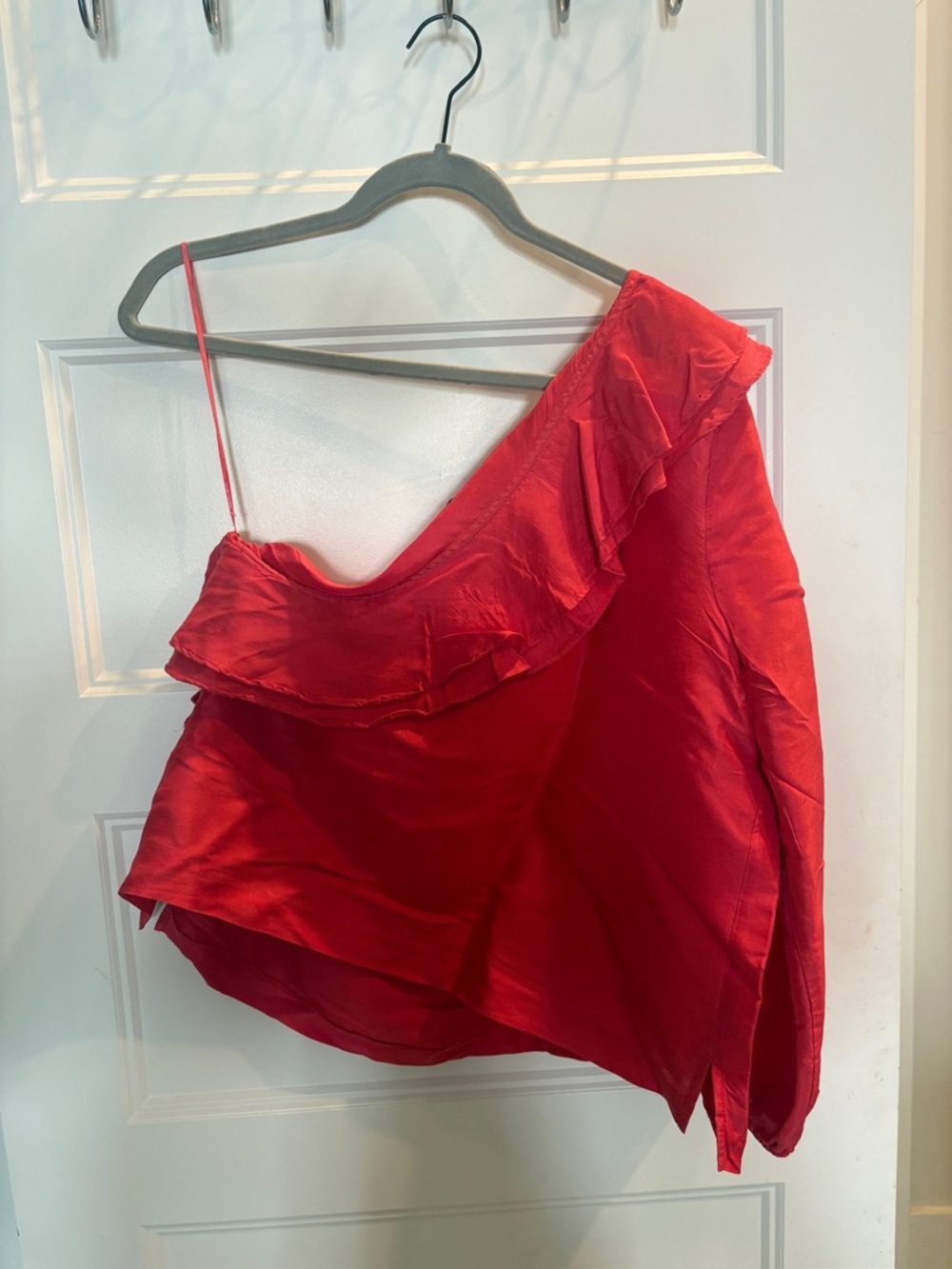 One-Shoulder Ruffle Red Satin Top - Picture 3 of 3